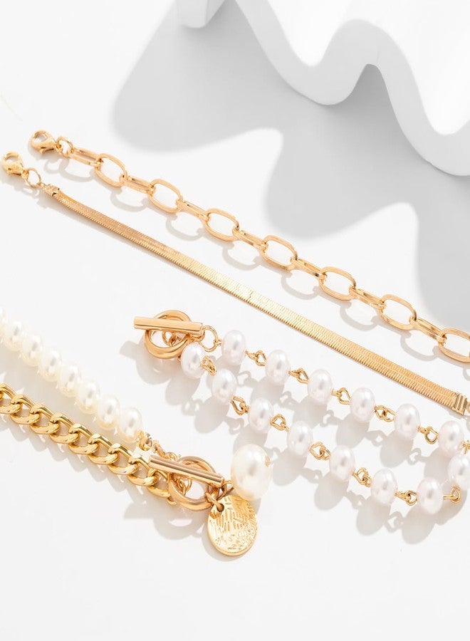 Eason1874 Layered Paperclip Gold Pearl Stack Bracelet Set for Woman Chunky Simulated Pearl jewelry (Four Pcs A) - Image 3